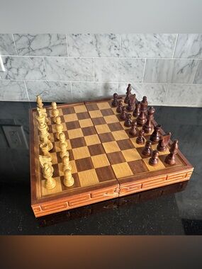 Vintage Folding Wood Chess Set with 32 Pieces